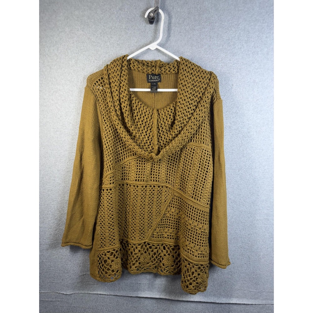 Pure Handknit Sweater Womens L/XL Yellow Crochet Cowl Neck Open Knit Pullover